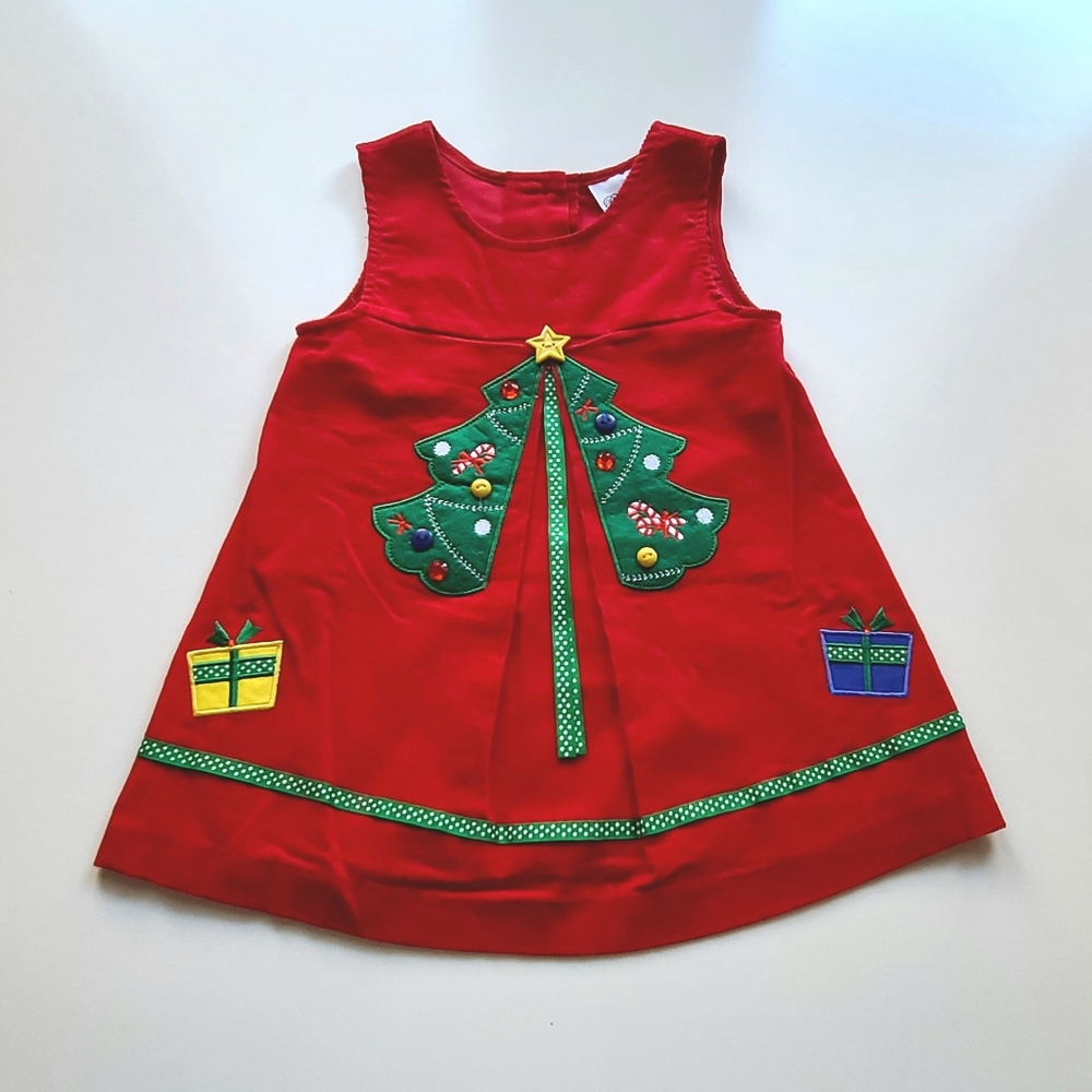 ~Vintage~ Y2K Red Corduroy Jumper Dress Christmas Tree Rare Editions 2T
